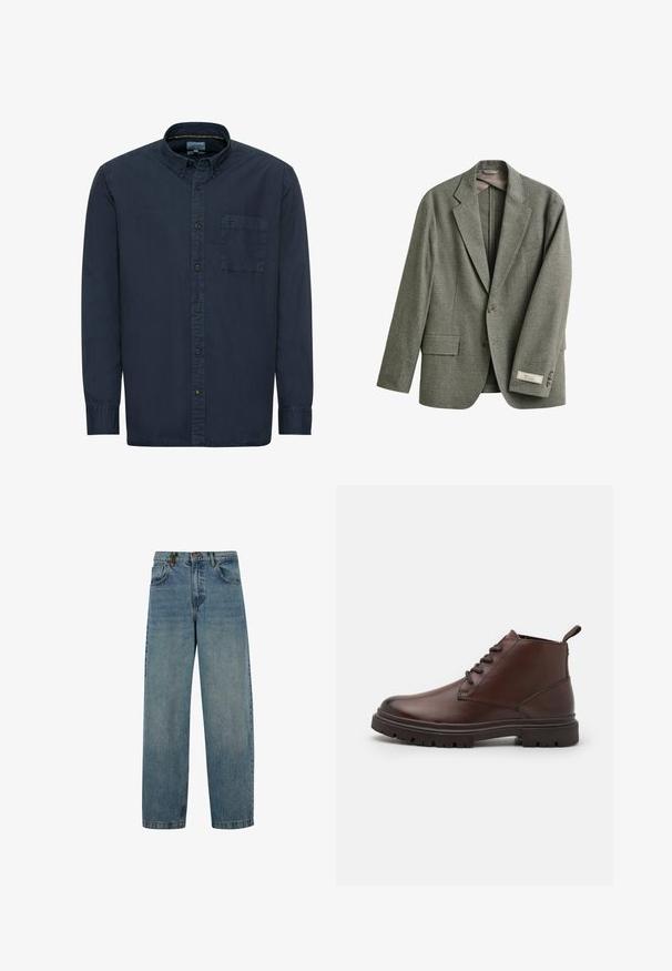 Einreihiger grauer Blazer mit Revers mit Kerbe, zwei vorderen Pattentaschen, zwei Knöpfen und einem Stoffetikett am linken Ärmelbündchen.; Marineblaue Button-Down-Hemd aus Baumwolle. Verfügt über einen klassischen Kragen, lange Ärmel, eine einzelne Brusttasche und dezente Nähdetails.; Verblasste blaue Denim-Jeans mit geradem Bein, Fünf-Taschen-Stil und Knopfverschluss. Das Material zeigt leichte Textur und Abnutzung.; Zign Schnürstiefelette - dark brown