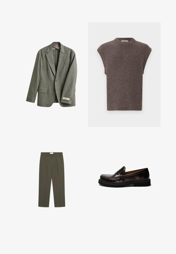 Blazer gris de un solo botón con solapas con muesca, dos bolsillos delanteros con solapa, dos botones y una etiqueta de tela en el puño de la manga izquierda.; Top sin mangas de punto marrón con textura acanalada, cuello alto y aberturas laterales. Presenta un dobladillo ajustado y una tela suave.; Pantalones verde oliva con rayas verticales, que cuentan con una cintura entallada, pliegues y un diseño de pierna recta. Textura suave.; Mocasín de cuero marrón con acabado liso, costuras visibles y suela baja de goma con un patrón de rodadura para mayor agarre.