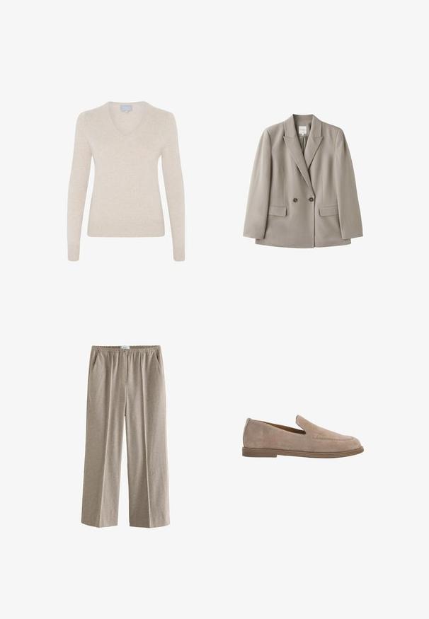 Hellbeiger, zweireihiger Blazer mit zwei Knöpfen, Revers mit Kerbe, langen Ärmeln und zwei vorderen Pattentaschen, dargestellt vor weißem Hintergrund.; Beiger V-Ausschnitt-Pullover aus weichem Material, mit langen Ärmeln, taillierter Silhouette und geripptem Saum. Keine Muster oder sichtbare Hardware.; Beige, weit geschnittene Hose mit einem elastischen Bund. Hergestellt aus einem weichen, strukturierten Stoff mit einem dezenten sprenkelten Muster. Mit Seitentaschen.; Taupe Wildleder-Slipper mit flacher Sohle und abgerundeter Spitze, linke Seitenansicht auf weißem Hintergrund.
