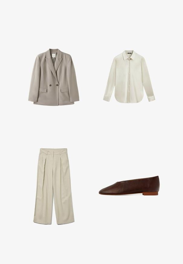 Lysebeige dobbeltradet blazer med to knapper, hakkede revers, lange ærmer og to forlommer med klap, vist på hvid baggrund.; Langærmet cremefarvet skjorte med knapper, spidse kraver og afrundet kant, vist på hvid baggrund.; Beige vide bukser med høj talje, der har frontfolder og en glat tekstur. Skræddersyet design med bæltestropper og ingen synlige lommer.; Brune læderballetsko med spids tådesign, flad træhel og glat tekstur. Minimalistisk stil uden yderligere detaljer.