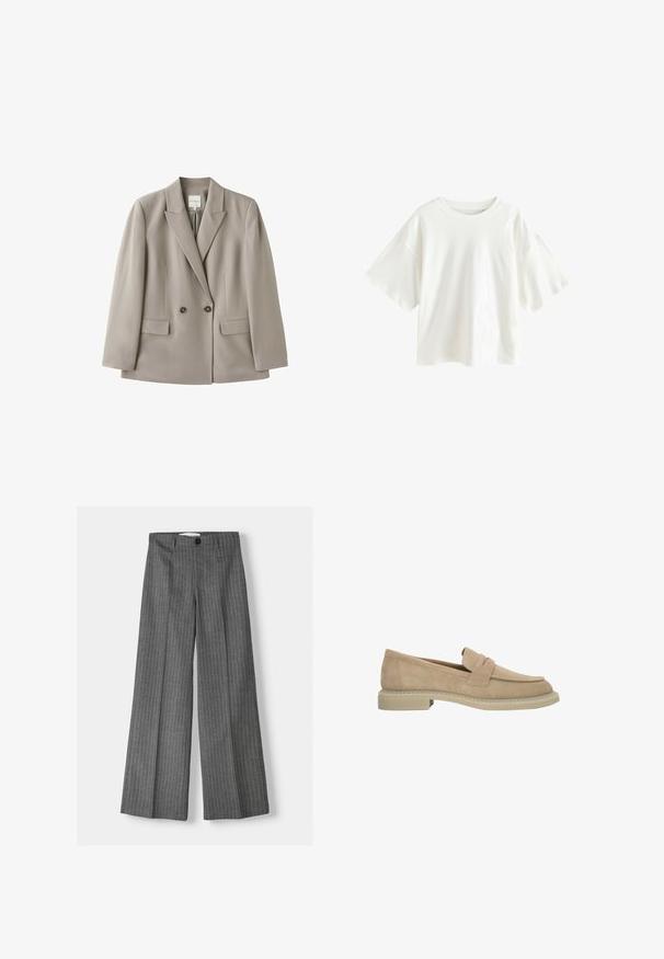 Lichtbeige double-breasted blazer met twee knopen, notch-revers, lange mouwen en twee voorflapzakken, afgebeeld op een witte achtergrond.; Witte oversized korte mouwen T-shirt met ronde hals en afhangende schouders, weergegeven op een effen witte achtergrond.; Grijze wijde broek met een streepjespatroon, voorzien van een knoopsluiting en twee voorkleppen. Gemaakt van gestructureerde stof.; Beige suède loafer met lage hak, afgeronde neus en banddetail over het bovenwerk, zijaanzicht op een witte achtergrond.