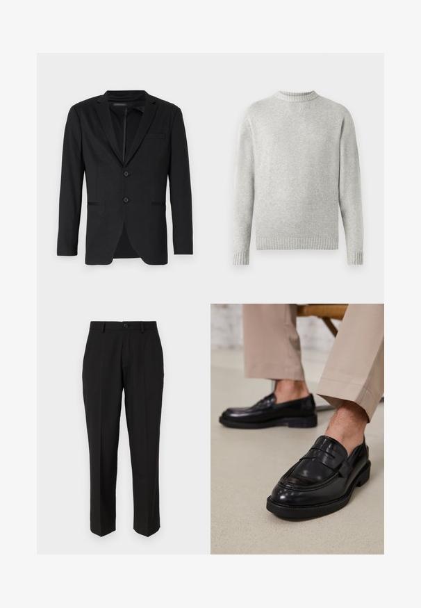 Blazer negro de corte slim, con dos botones, solapas de pico y bolsillos laterales. Fabricado en una tela suave con una textura sutil.; Suéter gris claro hecho de un tejido suave, con un cuello redondo acanalado y puños y dobladillo acanalados. Diseño minimalista, de mangas largas.; Pantalones negros de tela suave, con un diseño de pierna recta, bolsillos delanteros, un cierre de botón y sin patrones visibles.; Mocasines de cuero negro con un acabado suave, que cuentan con una correa decorativa y costuras en contraste, combinados con pantalones beiges.