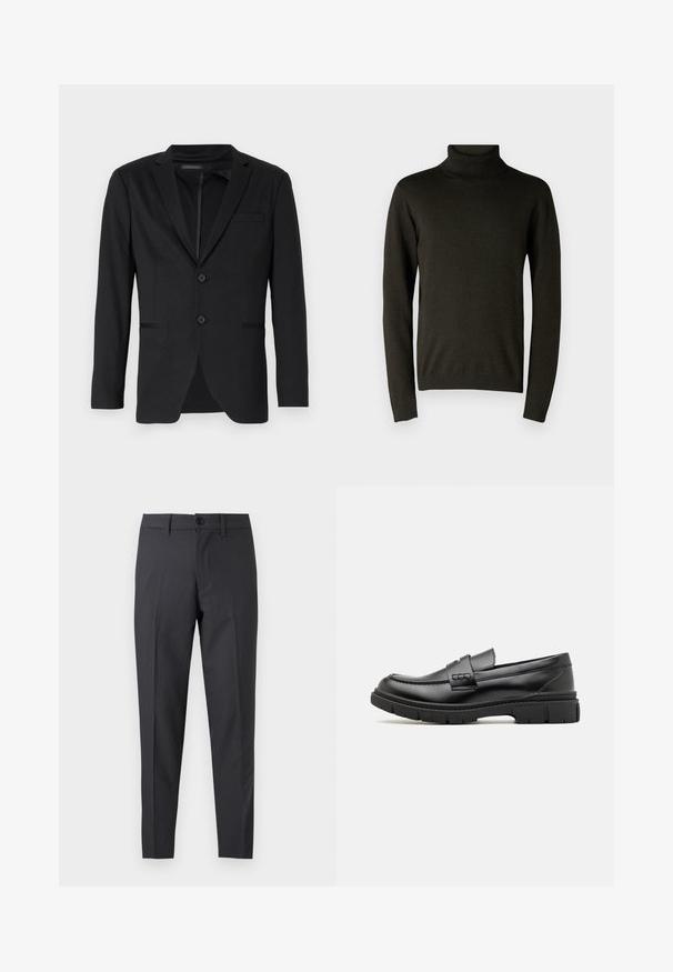 Blazer negro de corte slim, con dos botones, solapas de pico y bolsillos laterales. Fabricado en una tela suave con una textura sutil.; Suéter de cuello alto verde oscuro hecho de un material de punto suave, con mangas largas y puños y dobladillo acanalados. Textura suave con un detalle mínimo.; Pantalones de vestir ajustados de color gris oscuro con botón delantero y presillas para cinturón, mostrados planos sobre un fondo blanco.; Mocasin de cuero negro con una cinta ancha en el empeine, suela de goma con tacos gruesos y textura suave. Diseño clásico y elegante.