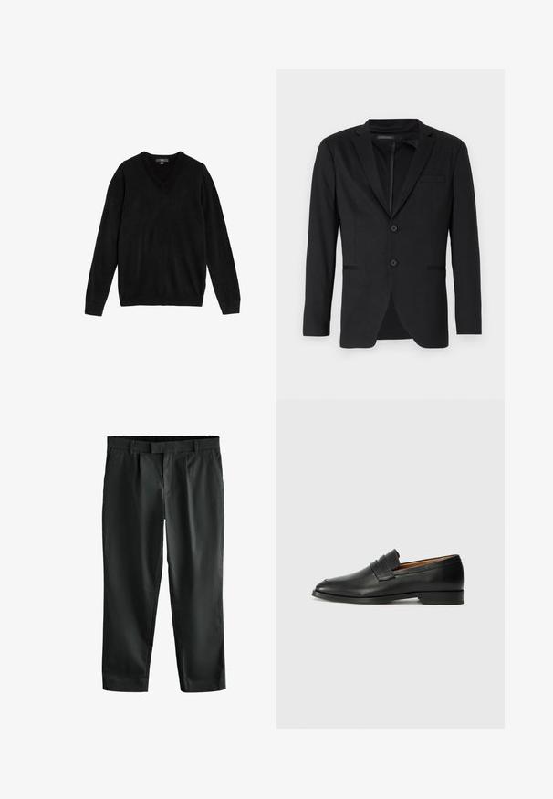 Blazer negro de corte slim, con dos botones, solapas de pico y bolsillos laterales. Fabricado en una tela suave con una textura sutil.; Suéter negro con cuello en V hecho de tejido suave y de punto. Mangas largas, puños y bajo acanalados, diseño sencillo sin patrones ni detalles.; Pantalones negros con un diseño de pierna recta, pliegues en la parte delantera y una cintura elástica, fabricados con una tela suave y ligera.; Mocasín de cuero negro con punta redonda, detalles de costura sutil y un tacón bajo, que presenta una textura suave y un diseño minimalista.