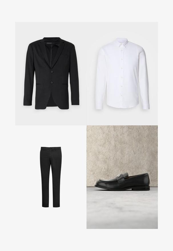 Blazer negro de corte slim, con dos botones, solapas de pico y bolsillos laterales. Fabricado en una tela suave con una textura sutil.; Camisa blanca de manga larga y botonadura, hecha de una tela suave, con un cuello clásico, ocho botones en el frente y puños estándar.; Pantalones negros fabricados con una mezcla de algodón, con un diseño de corte ajustado, parte delantera plana y cierre con botón. Sin patrones ni detalles visibles.; Mocasín de cuero negro con una placa metálica de marca apoyado cerca de una mesa redonda marrón sobre un suelo alfombrado beige.