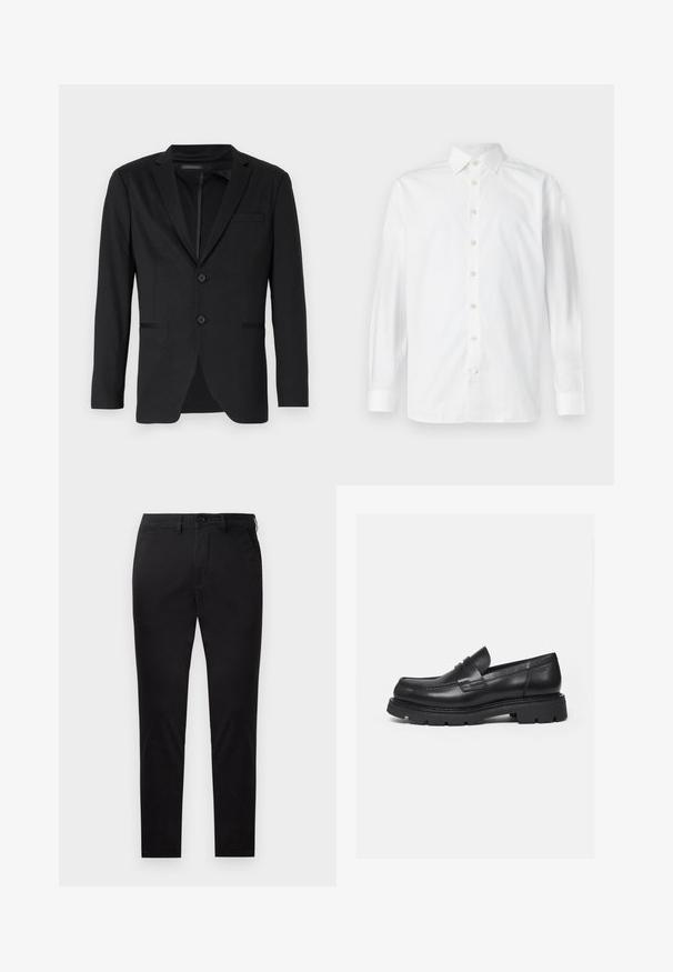 Zwarte blazer met een slim fit, voorzien van twee knopen, notch revers en zijzakken. Gemaakt van een gladde stof met een subtiele textuur.; Wit overhemd met lange mouwen, knoopsluiting, spreidkraag en knoopmanchetten, weergegeven op een effen witte achtergrond.; Zwarte slim-fit broek met knoop- en ritssluiting, riemlussen en zonder zichtbare zakken, getoond tegen een witte achtergrond.; Zwarte leren loafer met dikke geribbelde zool en pennyriemdetail, getoond in rechter zijprofiel op witte achtergrond.