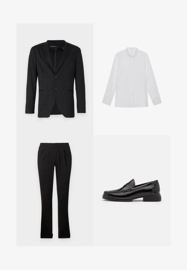 Blazer negro de corte slim, con dos botones, solapas de pico y bolsillos laterales. Fabricado en una tela suave con una textura sutil.; Camisa blanca de manga larga hecha de tela suave, con cuello puntiagudo, cierre frontal de botones y puños de un solo botón.; Pantalones negros de tela suave con cinturilla elástica, perneras rectas, pliegues frontales y dobladillos vueltos. Diseño sencillo y versátil.; Mocasines de cuero negro con punta redondeada, que presentan un detalle cosido a través del empeine y un tacón bajo y cuadrado. Textura suave y acabado brillante.
