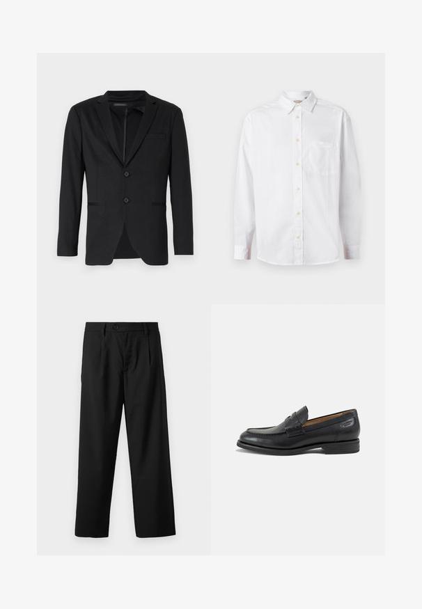 Zwarte blazer met een slim fit, voorzien van twee knopen, notch revers en zijzakken. Gemaakt van een gladde stof met een subtiele textuur.; Witte lange mouwen knoop-overhemd met een kraag en borstzak, weergegeven op een effen lichte achtergrond.; Zwarte broek met een rechte snit, voorzien van een enkele knoopsluiting, twee voorzakken en een gladde, lichte stoftextuur.; Zwarte leren herenloafer met gestikte details, lage gestapelde hak en een smalle band over de bovenzijde, zijaanzicht op een witte achtergrond.