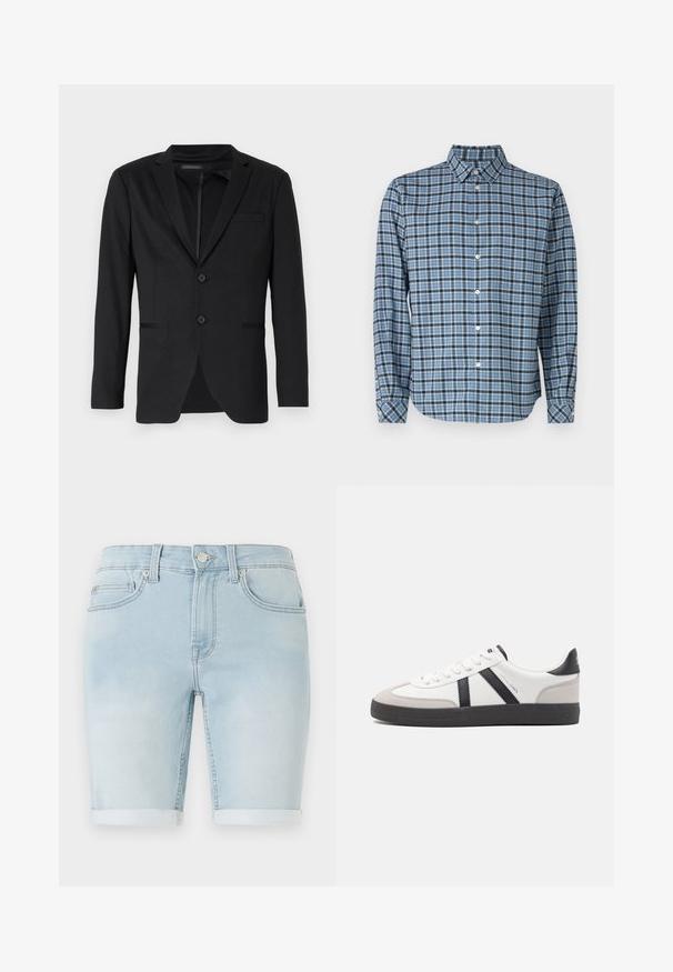 Schwarzer Blazer mit schlanker Passform, featuring zwei Knöpfe, Reverskragen und Seitentaschen. Aus glattem Stoff mit subtilem Muster gefertigt.; Hemd aus gewobenem Baumwollstoff, blau-schwarz kariert, mit langen Ärmeln, Kragen, weißen Knöpfen und verstellbaren Manschetten.; Hellblaue Jeansshorts mit umgeschlagenem Saum, klassischem Fünf-Taschen-Design und vorderem Knopfverschluss. Glatte Textur mit leichter Ausbleichung.; Weiße Sneaker mit schwarz- und grau-aczenten, ausgestattet mit einer strukturierten grauen Zehenkappe, schwarzer Gummi-Sohle und flachen weißen Schnürsenkeln. Sauberes Design, minimalistische Stil.
