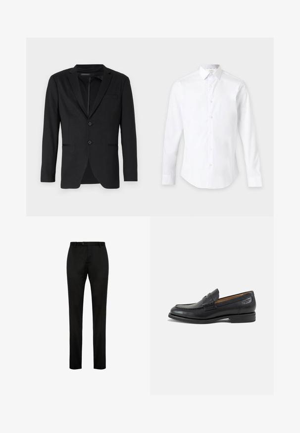 Sort blazer med slim fit, der har to knapper, udskårne revers og sidelommer. Fremstillet af glat stof med en subtil tekstur.; Hvid skjorte med lange ærmer og knapper med en klassisk krave, vist mod en ensartet lys baggrund.; Sorte skræddersyede bukser med lige ben, der har knaplukning og bæltestropper, lavet af et glat stof med en subtil glans.; Sort læder herresko med syninger, lav stakket hæl og en smal rem over overdelen, vist fra siden på en hvid baggrund.