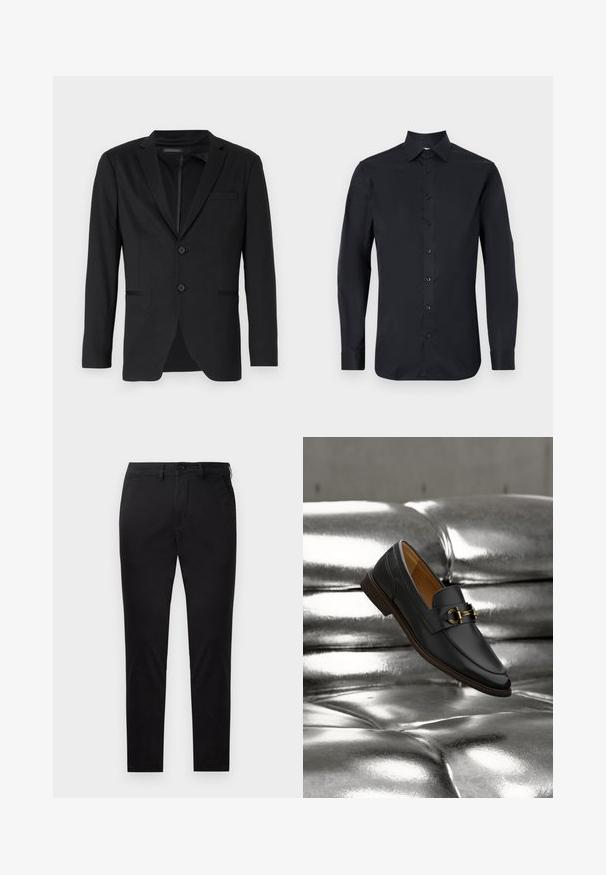 Sort blazer med slim fit, der har to knapper, udskårne revers og sidelommer. Fremstillet af glat stof med en subtil tekstur.; Sort langærmet skjorte lavet af glat stof, med klassisk krave, frontknaplukning og knapmansjetter.; Sorte slim-fit bukser med knap- og lynlåslukning, bæltestropper og uden synlige lommer, vist mod en hvid baggrund.; Sort læderloafer med detaljer i guldbeslag svæver over en skinnende, metallisk sølv tuftet overflade.