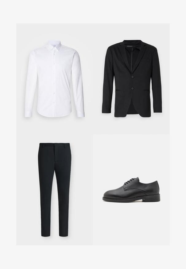 Sort blazer med slim fit, der har to knapper, udskårne revers og sidelommer. Fremstillet af glat stof med en subtil tekstur.; Hvid langærmet skjorte med knaplukning lavet af glat bomuldsstof, med en klassisk krave, knaplukning og buet kant.; Sorte, tætsiddende bukser med bæltestropper, frontlynlås og uden synlige lommer, vist mod en ensfarvet hvid baggrund.; Sort læder oxford sko med en rund tå, der har en glat overflade, fem huller til snørebånd og en lav stablet hæl.