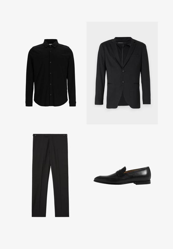 Schwarzer Blazer mit schlanker Passform, featuring zwei Knöpfe, Reverskragen und Seitentaschen. Aus glattem Stoff mit subtilem Muster gefertigt.; Schwarzes Langarmhemd aus glattem Stoff, mit einer durchgehenden Knopfleiste, Kragen und dezentem besticktem Logo auf der Brust.; Schwarze maßgeschneiderte Hose mit seitlichen Knöpfen an der Taille, vorderen Bügelfalten und geraden Beinen, geeignet für formelle oder Büroanlässe.; Schwarzer Lederloafer mit elegantem Design, leicht spitz zulaufender Zehenpartie und einem dekorativen Band über dem Vorderfuß. Glatte Textur und robuste Sohle.