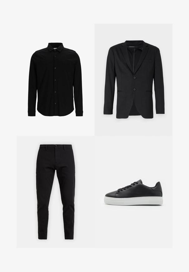 Sort blazer med slim fit, der har to knapper, udskårne revers og sidelommer. Fremstillet af glat stof med en subtil tekstur.; Sort langærmet skjorte lavet af glat stof, med knaplukning foran, krave og en diskret broderet logo på brystet.; Sorte bomuldsbukser med slim fit. Har knappelukning, bæltestropper og sidelommer. Glat tekstur uden synlige mønstre.; Sorte lædersneakers med rund tå, hvid gummisål og sorte snørebånd. Har en glat overflade og minimalistisk design.