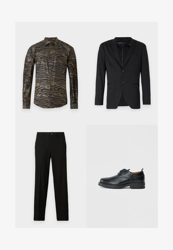 Sort blazer med slim fit, der har to knapper, udskårne revers og sidelommer. Fremstillet af glat stof med en subtil tekstur.; Sort skjorte med et bølget guldmønster, lange ærmer og en standard krave, lavet af glat stof med en blank overflade.; Sorte bukser lavet af glat stof, med lige snit, knaplukning i taljen, og uden synlige mønstre eller accenter.; Sorte læder derby-sko med en glat overflade, rund tå, snøre-design og en tyk, robust gummisål.