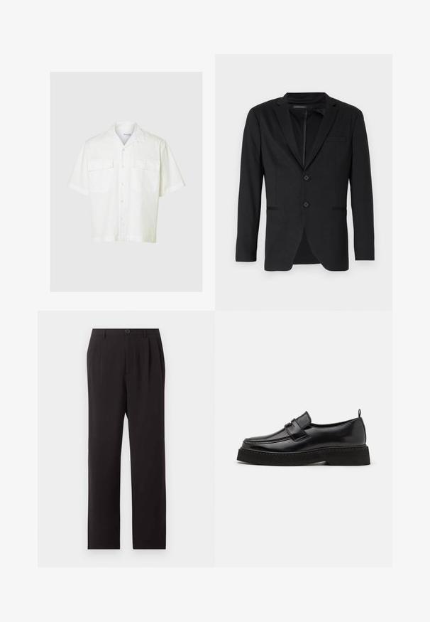 Sort blazer med slim fit, der har to knapper, udskårne revers og sidelommer. Fremstillet af glat stof med en subtil tekstur.; Kortærmet hvid skjorte med knapper, der har to frontlommer, lavet af letvægtsstof, med et diskret, lodret stribemønster.; Sorte højtaljede skræddersyede bukser med folder, knaplukning, bæltestropper og lige ben på en ensfarvet lys baggrund.; Sorte læder loafersko i stil med flad, tekstureret sål, med en syet tå og en rem over vristen.