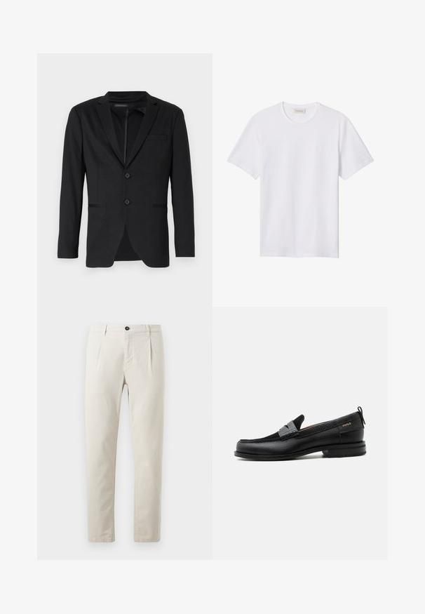 Sort blazer med slim fit, der har to knapper, udskårne revers og sidelommer. Fremstillet af glat stof med en subtil tekstur.; Hvidt ensfarvet T-shirt med korte ærmer og rund hals, med lille præget logo på venstre bryst og mærke indeni kraven.; Beige bomuldsbukser med lige ben, der har en enkelt sort knaplukning og to forlommer. Glat tekstur.; Sort læderloafer med grå remdetalje, lav hæl og tekstureret sål, mærket med "HUGO" i guld på siden.