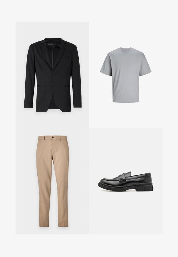Schwarzer Blazer mit schlanker Passform, featuring zwei Knöpfe, Reverskragen und Seitentaschen. Aus glattem Stoff mit subtilem Muster gefertigt.; Hellgraues kurzärmeliges T-Shirt aus glattem Baumwollstoff, mit Rundhalsausschnitt und bequemer Passform, ohne sichtbare Muster oder Logos.; Beige maßgeschneiderte Hose aus einem glatten Stoff, mit Knopfverschluss, Gürtelschlaufen und schmalem Schnitt mit geradem Bein.; Schwarze Lederloafer mit einem breiten Riemen über dem Rist, Gummisohle mit dicken Profilen und glatter Textur. Klassisches, schlankes Design.