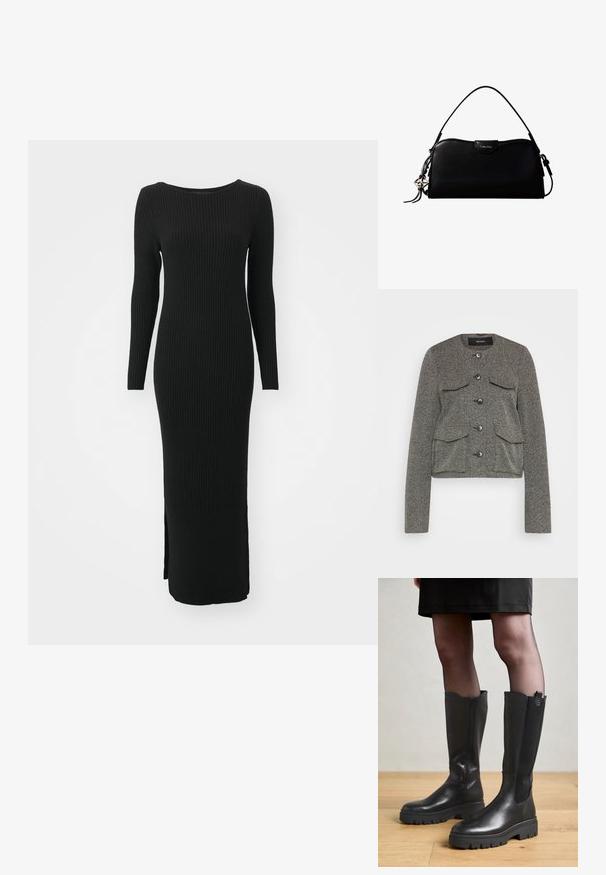Vero Moda Tall VMALISA - Blazer - medium grey melange; Lang zwart geribbeld jurkje met een aansluitend ontwerp, ronde halslijn en lange mouwen. Met een zijsplit aan de onderkant voor meer beweeglijkheid.; Zwarte kniehoge laarzen met een gladleren buitenkant, elastische zijpanelen en een chunky rubberen zool met een gestructureerd profiel.; Zwarte rechthoekige Calvin Klein handtas met enkele bovenriem, zilveren logo-ornament en een kleine klepsluiting aan de voorkant.