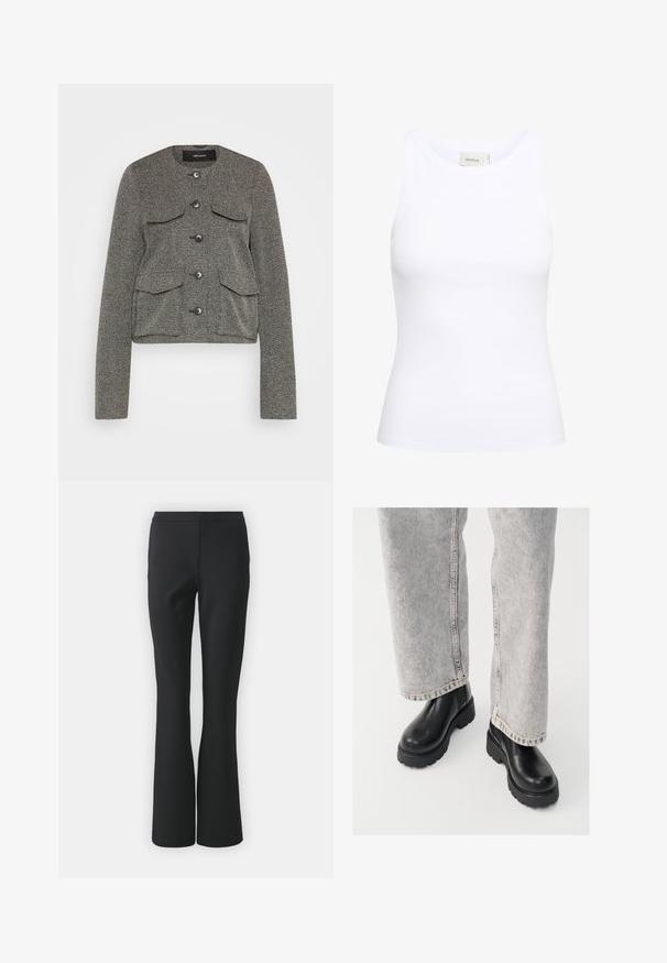 Vero Moda Tall VMALISA - Bleiser - medium grey melange; Valge sooniline õhuke topp ümmarguse kaelusega ja ilma varrukateta. Veniv kangas ja kitsas lõige. Tagaküljel silt, mis ütleb "GESTUZ."; Mustad flared püksid siledast kangast; omavad lamedat esit, ilma taskuteta ja kohandatud istuvust, ahenevad hemmi suunas.; Vagabond COSMO - Platvormtallaga poolsaapad - black