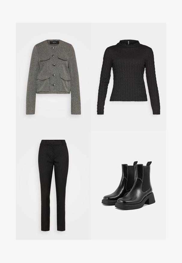 Vero Moda Tall VMALISA - Blejzer - medium grey melange; Čierny top s dlhými rukávmi a textúrovaným mriežkovým vzorom. Má stojačik a priliehavý strih. Vyrobený z mäkkej, pružnej tkaniny.; ONLY Tall ONLKATNIS PINSTRIPE - Nohavice - black; Čierne kožené Chelsea čižmy s robustným podpätkom, elastickými bočnými panelmi a kontrastným bielym prešívaním. Textúrovaný povrch.