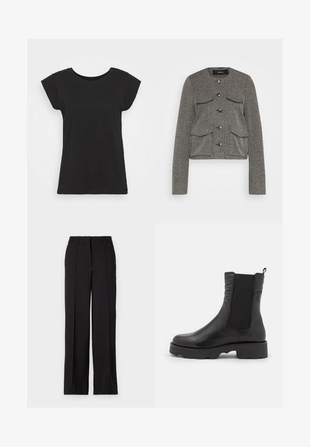 Vero Moda Tall VMALISA - Blazer - medium grey melange; Camiseta de algodón negra con manga corta tipo cap sleeve, escote redondo y un corte relajado. Textura suave sin patrones ni adornos visibles.; Pantalones negros con un diseño de pierna recta, con dos pliegues en la parte frontal, una cinturilla y sin bolsillos visibles ni adornos.; Botín de cuero negro hasta el tobillo con paneles laterales elásticos, parte superior texturizada, puntera redondeada y suela de goma chunky con bordes muescados.