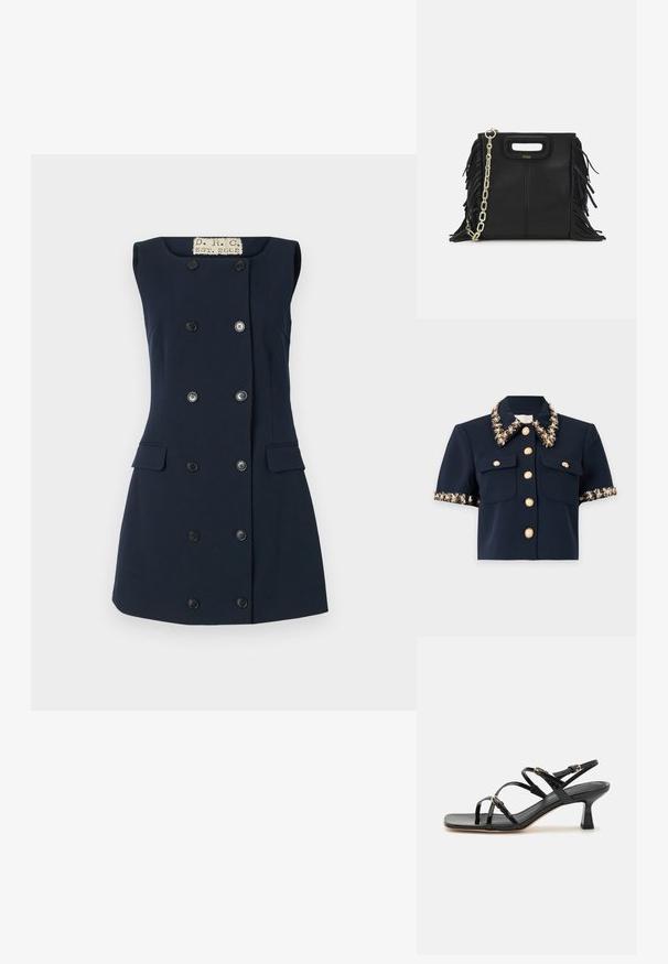 Veste courte bleu marine à manches courtes avec boutons dorés, deux poches avant et perlage floral décoratif sur le col et les bords des manches.; Robe sans manches bleu marine avec une coupe cintrée, fermeture à double boutonnage, deux poches avant et un col plat pour une silhouette structurée.; Sandales à strapes en cuir verni noir avec un bout carré et un petit talon carré. Présente des accessoires en métal doré et des brides de cheville réglables.; Sac à main en cuir noir avec des détails en franges, chaîne dorée pour l'épaule et une poignée découpée. Présente le logo sur le devant.