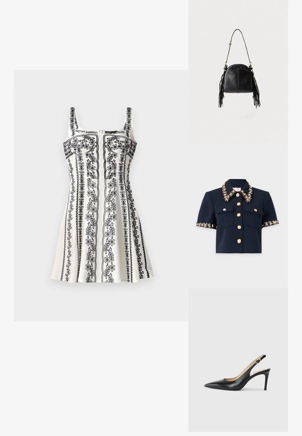 Veste courte bleu marine à manches courtes avec boutons dorés, deux poches avant et perlage floral décoratif sur le col et les bords des manches.; Robe sans manches noire et blanche avec broderies florales délicates, un corsage ajusté et une jupe évasée. Tissu texturé avec une fermeture éclair.; Escarpins en cuir noir avec une pointe fine, une bride ajustable et un talon aiguille élégant, présentant une finition lisse.; Sac à main en cuir noir avec une forme courbée, une longue bandoulière réglable et des franges de chaque côté sur un fond clair.