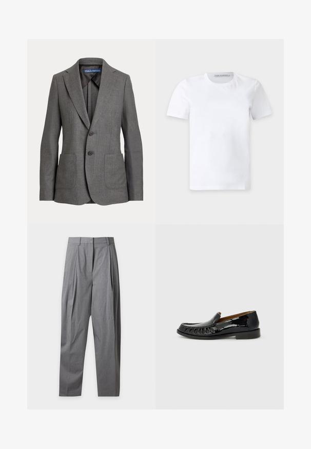 Blazer gris de un solo pecho con dos botones, solapas con muesca, dos bolsillos delanteros de parche y una etiqueta Polo by Ralph Lauren en el interior del cuello.; Camiseta blanca lisa de manga corta con cuello redondo y una pequeña etiqueta de la marca en el interior del cuello que dice "Tiger of Sweden."; Pantalones grises de talle alto, confeccionados a medida, con pliegues delanteros, trabillas para cinturón y cierre frontal oculto, mostrados planos sobre un fondo blanco.; Mocasines de charol negro con un diseño de flecos en la parte delantera y puntera redonda. La suela es plana y texturizada para mayor agarre.