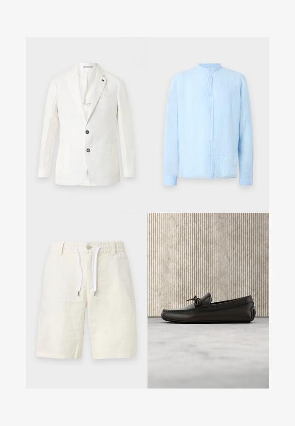 Blazer blanc pour hommes avec deux boutons noirs, revers en pointe et trois poches avant sur un fond uni.; Chemise bleu clair à manches longues avec col mandarin et boutons blancs sur le devant, présentée sur un fond uni.; Shorts décontractés couleur crème avec taille élastique, fermeture par bouton, passants de ceinture et cordons blancs.; Mocassin en cuir noir avec détail nœud suspendu au-dessus d'un tapis beige, avec une table ronde marron brillante en arrière-plan.