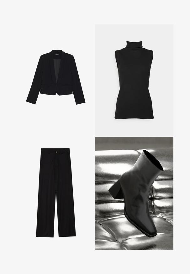 Svart kort jakke med klaffeslag, lange ermer og to frontlommer. Laget av et glatt stoff, har en tettsittende design.; Svart ermeløs turtleneck topp laget av ribbestrikket stoff, med høy hals og tettsittende silhuett. Glatt tekstur med minimal detaljer.; Bredde ben sorte bukser laget av et glatt stoff, med frontlommer og knappelukking i midjen. Minimalistisk design uten mønstre.; Sorte ankelstøvler laget av blankt materiale med firkantet tå og avsmalnende hæl, plassert mot en glinsende sølvfarget tuftet bakgrunn.