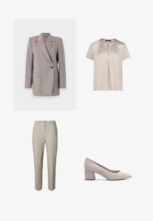 Tiger of Sweden ELIWIRAA - Blazer - mole; Beige, kortærmet satinbluse med rynket halsudskæring, V-udskæring foran og løs pasform, mærket "Betty Barclay" på kraveetiketten.; Beige skræddersyede bukser med bæltestropper, lynlås foran og pressede læg ned langs benene, vist mod en hvid baggrund.; Grå ruskind blokkens højhælede pumpe med spids tå, glat tekstur og lav åbningskant for nem påføring. Solid hæl giver stabilitet.