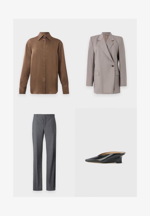 Tiger of Sweden ELIWIRAA - Blazer - mole; Camisa de botones de manga larga marrón con cuello y puños puntiagudos, exhibida sobre un fondo blanco liso.; Pantalones de rayas grises hechos de una tela suave, con un corte recto, frente plano y sin bolsillos o adornos visibles.; Zapato cuña de charol negro con punta puntiaguda y talón descubierto, con un diseño elegante y curvado de estilo minimalista.