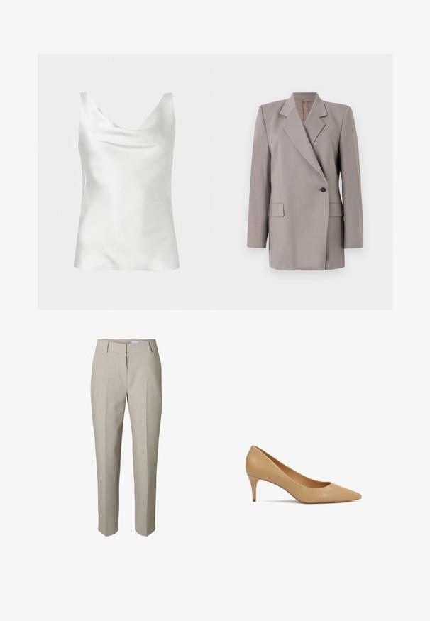 Tiger of Sweden ELIWIRAA - Blazer - mole; Haut caraco sans manches en satin blanc avec un décolleté drapé et une texture lisse et brillante.; Pantalon beige sur mesure avec passants pour ceinture, fermeture éclair avant et plis marqués sur les jambes, présenté sur fond blanc.; Escarpin en cuir beige à talon haut avec bout pointu et talon mince de 5 cm ; texture lisse et design minimaliste sans ornements.