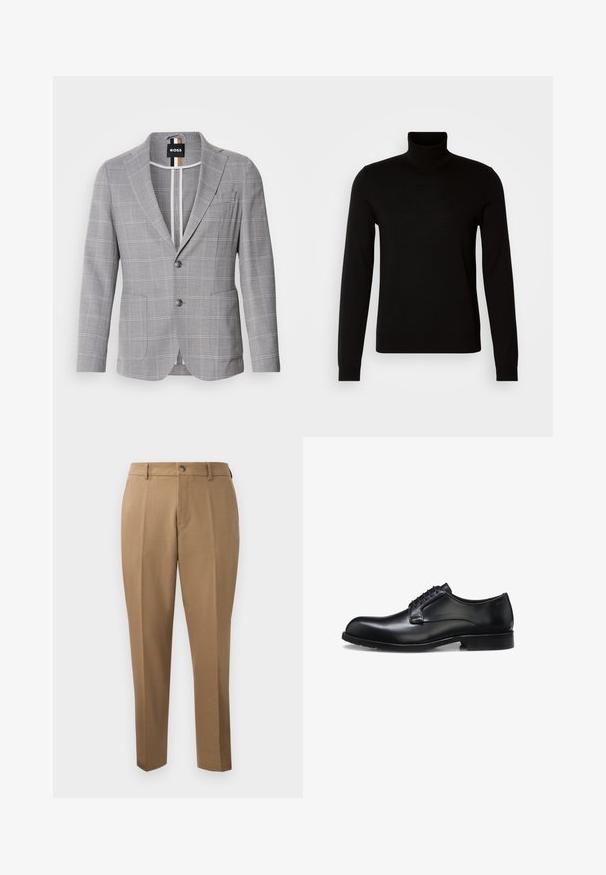 Blazer gris a cuadros hecho de una tela con una sutil textura. Presenta un cuello de muesca, cierre de dos botones y bolsillos frontales.; Suéter negro de cuello alto confeccionado en un tejido de punto fino, con mangas largas y una silueta ajustada. Textura suave con puños acanalados.; Pantalones marrones a medida con corte recto, pinzas simples, trabillas para cinturón y cierre frontal con botón. Tela suave con una textura mate.; Zapato de vestir para hombre de cuero negro pulido con cordones cerrados, tacón bajo y detalle sutil de marca cerca del talón sobre un fondo blanco.