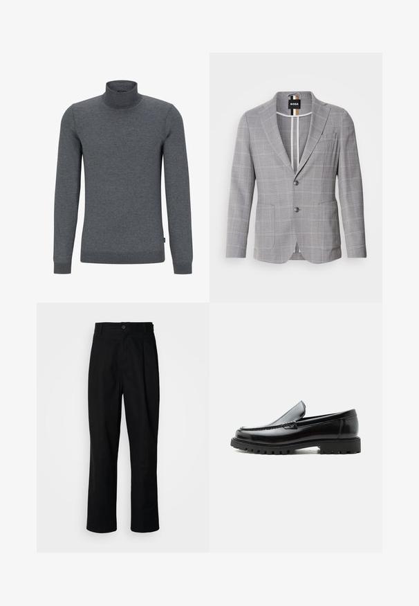 Grå ternet blazer lavet af stof med en subtil struktur. Har en spids krave, to-knaps lukning og forlommer.; Grå turtleneck sweater lavet af blødt strikstof. Har lange ærmer, en ribbet krave og en almindelig pasform med en glat tekstur.; Sorte lige ben bukser med en knaplukket talje, bæltestropper og en frontfold, præsenteret mod en ensfarvet hvid baggrund.; Sort læderloafer med chunky gummisål, syet overdel og præget mærkenavn på hælen, vist i sideprofil på hvid baggrund.
