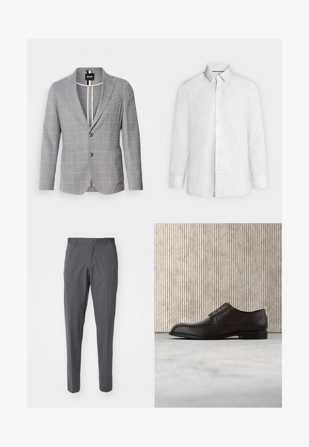 Blazer à carreaux gris en tissu avec une texture subtile. Doté d'un revers cranté, d'une fermeture à deux boutons et de poches avant.; Chemise blanche à manches longues avec col à pointes et poignets boutonnés, présentée de face sur fond gris clair uni.; Pantalon gris en tissu lisse, avec une fermeture à bouton, des poches avant et une coupe slim.; Chaussure habillée en cuir marron avec un bout arrondi, des coutures minimales et une finition lisse. Elle présente un faible talon et un design de laçage simple.