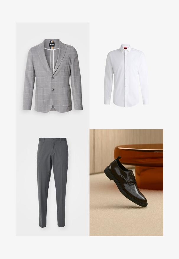 Blazer gris a cuadros hecho de una tela con una sutil textura. Presenta un cuello de muesca, cierre de dos botones y bolsillos frontales.; Camisa blanca de botones, confeccionada en tela suave, con collar clásico, mangas largas y dobladillo curvado. Presenta botones beige en la parte delantera.; Pantalones grises hechos de una tela suave, con cierre de botón, bolsillos delanteros y un diseño ajustado.; Zapato de vestir negro brillante de cuero con cordones flotando sobre una alfombra beige con una mesa redonda marrón brillante al fondo.