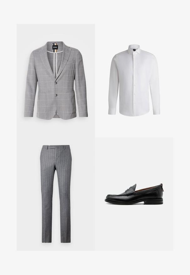 Blazer gris a cuadros hecho de una tela con una sutil textura. Presenta un cuello de muesca, cierre de dos botones y bolsillos frontales.; Camisa blanca de manga larga hecha de algodón suave, con un cuello clásico, botonera completa y puños abotonados. Diseño minimalista.; Pantalones a rayas gris claro hechos de una tela texturizada, que presentan un diseño clásico, un corte recto y dos bolsillos frontales.; Mocasín de hombre de piel negra con costura moc toe, tira penny, cuello texturizado y tacón bajo apilado sobre fondo blanco.