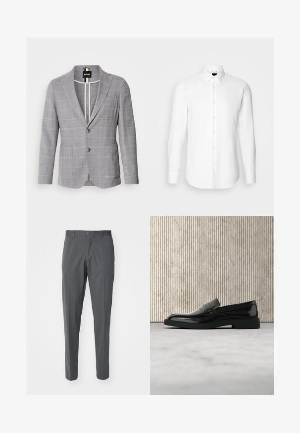 Blazer gris a cuadros hecho de una tela con una sutil textura. Presenta un cuello de muesca, cierre de dos botones y bolsillos frontales.; Camisa blanca de manga larga, con cierre de botones en el frente, cuello clásico, confeccionada con una tela suave con una textura sutil, diseñada para un ajuste entallado.; Pantalones grises hechos de una tela suave, con cierre de botón, bolsillos delanteros y un diseño ajustado.; Zapato loafer de cuero negro pulido flotando sobre una alfombra beige con muebles translúcidos naranjas de fondo.
