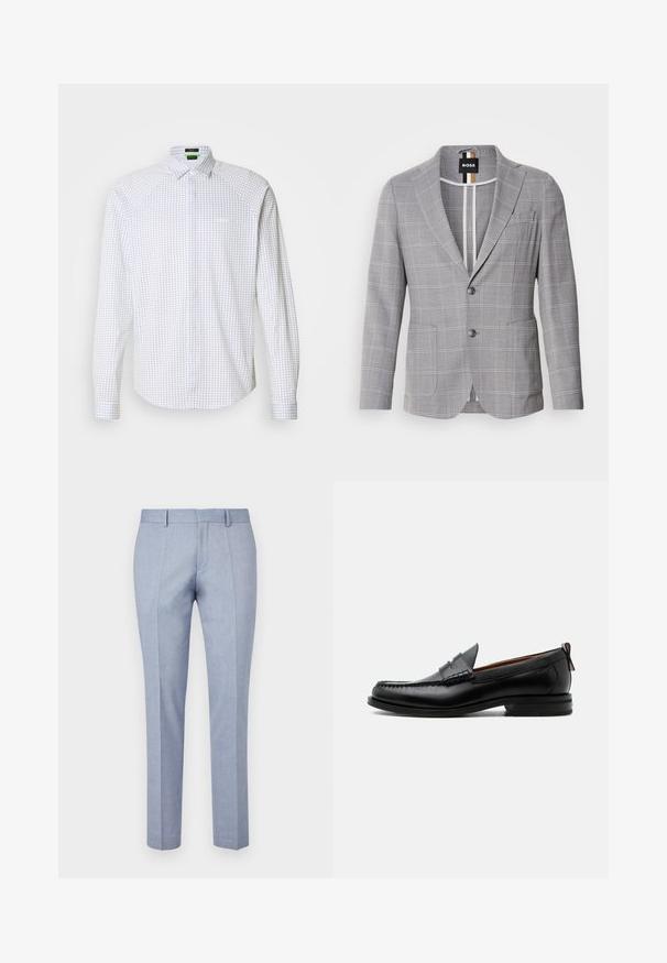 Blazer gris a cuadros hecho de una tela con una sutil textura. Presenta un cuello de muesca, cierre de dos botones y bolsillos frontales.; Camisa de manga larga abotonada en blanco con un patrón de cuadros en azul. Presenta un cuello clásico y un bolsillo en el frente. Tejido suave con un ajuste estructurado.; Pantalones ajustados de color azul claro con una textura de tela suave, con un frentel plano, dos bolsillos frontales y un diseño de corte slim.; Mocasín de hombre de piel negra con costura moc toe, tira penny, cuello texturizado y tacón bajo apilado sobre fondo blanco.