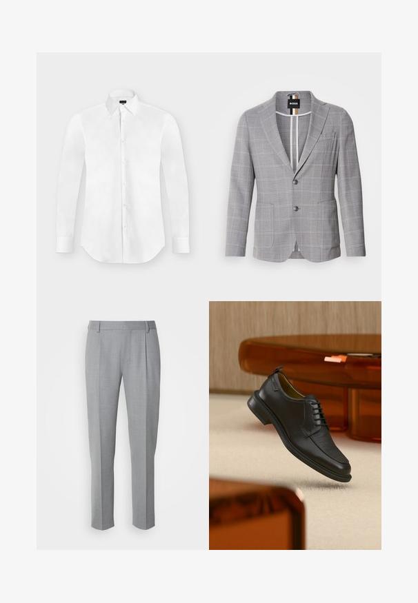 Blazer gris a cuadros hecho de una tela con una sutil textura. Presenta un cuello de muesca, cierre de dos botones y bolsillos frontales.; Camisa blanca de vestir de manga larga con botones y cuello puntiagudo, colocada perfectamente plana sobre un fondo gris claro.; Pantalones grises a medida con una textura suave, que cuentan con un frente plano, piernas rectas y pliegues sutiles para un detalle adicional.; Zapato de vestir negro de piel con cordones y parte delantera texturizada, flotando sobre una alfombra beige en una habitación moderna con muebles de tono ámbar.