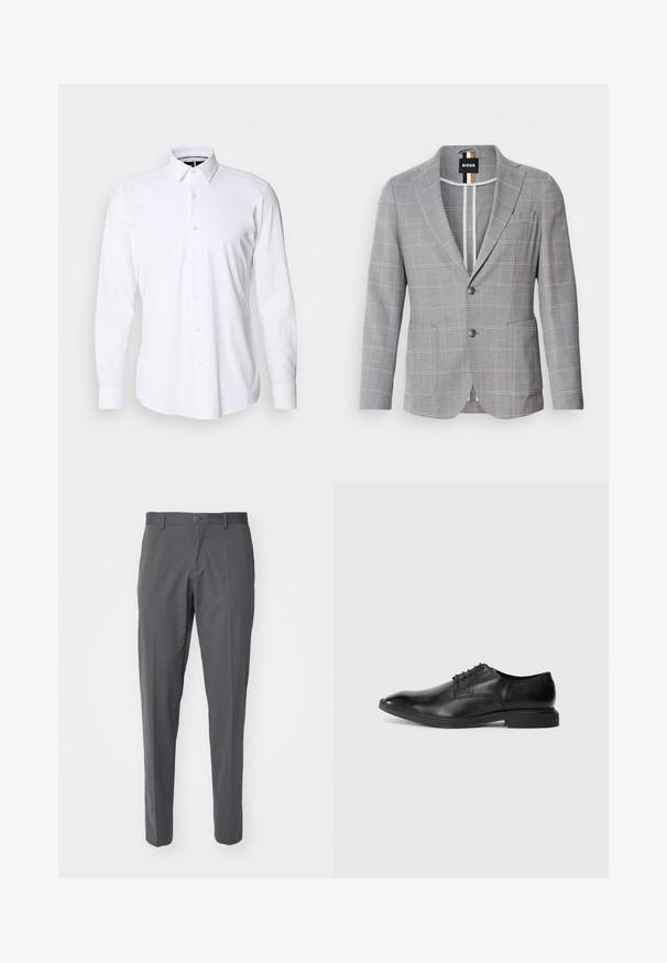 Grå ternet blazer lavet af stof med en subtil struktur. Har en spids krave, to-knaps lukning og forlommer.; Hvid langærmet skjorte med knapper lavet af glat stof, med spids krave og regulær pasform. Har en frontlås med seks knapper.; Grå bukser lavet af et glat stof, der har en knaplukning, forlommer og en slim fit-design.; Sort læder herresko med glat overflade, spids tå, seks snørrehuller og lav, rektangulær hæl. Diskret brandingdetalje på siden.