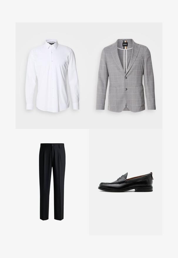 Grå ternet blazer lavet af stof med en subtil struktur. Har en spids krave, to-knaps lukning og forlommer.; Hvid langærmet skjorte med knapper lavet af glat stof, med spids krave og regulær pasform. Har en frontlås med seks knapper.; Sorte bukser lavet af glat stof, med lige ben-design, plisseringer foran og knaplukning med bæltestropper.; Sort læder herre loafer med moc-tå syning, penny strop, struktureret krave og lav stablet hæl på hvid baggrund.