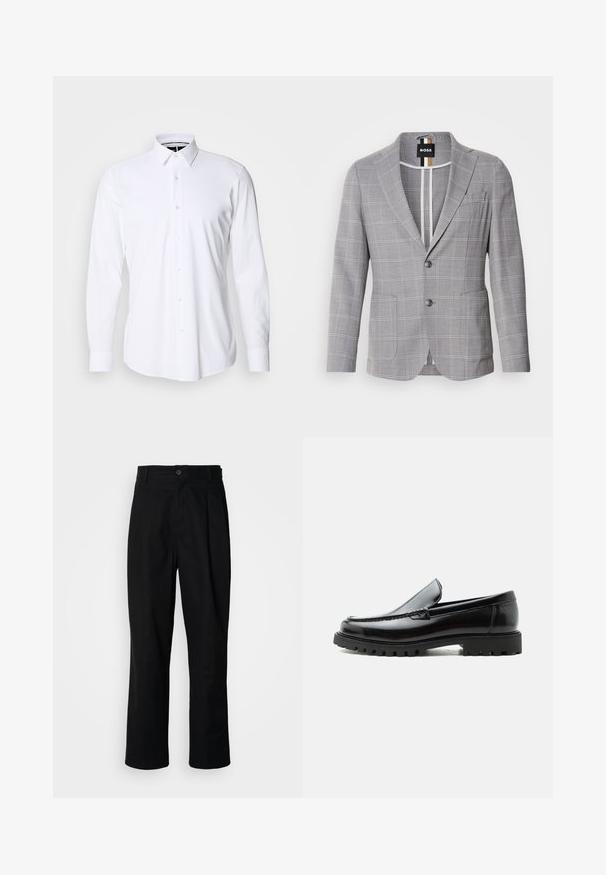 Blazer à carreaux gris en tissu avec une texture subtile. Doté d'un revers cranté, d'une fermeture à deux boutons et de poches avant.; Chemise blanche à manches longues avec boutons, en tissu lisse, dotée d'un col pointu et d'une coupe régulière. Présente une patte de boutonnage à l'avant avec six boutons.; Pantalons noirs à jambes droites avec une taille à bouton, passants de ceinture et pli avant, présentés sur un fond blanc uni.; Mocassin en cuir noir avec semelle en caoutchouc épaisse, dessus cousu et nom de marque embossé sur le talon, présenté de profil sur fond blanc.