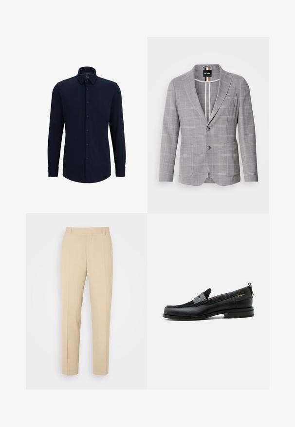 Grijze geblokte blazer van stof met een subtiele textuur. Beschikt over een geknipte revers, een sluiting met twee knopen en voorzakken.; Marineblauwe langemouwen overhemd met knopen, gemaakt van geweven stof, met een klassieke kraag, rechte snit en een voorste knoopsluiting.; Beige op maat gemaakte broek met een recht gesneden ontwerp, gemaakt van lichtgewicht stof, met twee voorzakken en nette, geplooide vouwen.; Zwarte leren loafer met grijs riemdetailelement, lage hak en gestructureerde zool, aan de zijkant gebrandmerkt met "HUGO" in goud.