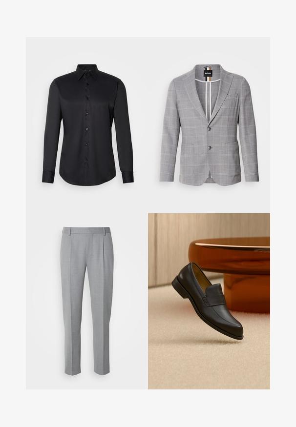 Grå ternet blazer lavet af stof med en subtil struktur. Har en spids krave, to-knaps lukning og forlommer.; Sort skjorte med knaplukning, lavet af glat stof, med klassisk krave, lange ærmer og knaplukning foran.; Grå skræddersyede bukser med en glat tekstur, som har en flad front, lige ben og diskrete folder for ekstra detalje.; Sort læder loafers med lav hæl svævende over beige tæppe ved rundt brunt bord.