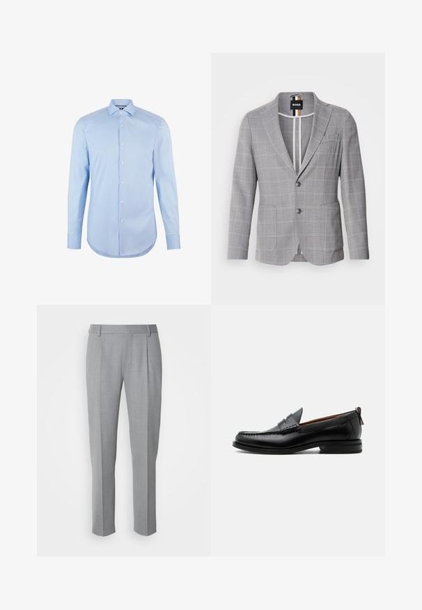Blazer gris a cuadros hecho de una tela con una sutil textura. Presenta un cuello de muesca, cierre de dos botones y bolsillos frontales.; Camisa de manga larga azul claro confeccionada en algodón, con cuello de punta, botones en la parte frontal y dobladillo redondeado. Textura suave sin patrones.; Pantalones grises a medida con una textura suave, que cuentan con un frente plano, piernas rectas y pliegues sutiles para un detalle adicional.; Mocasín de hombre de piel negra con costura moc toe, tira penny, cuello texturizado y tacón bajo apilado sobre fondo blanco.