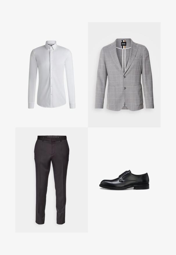 Blazer gris a cuadros hecho de una tela con una sutil textura. Presenta un cuello de muesca, cierre de dos botones y bolsillos frontales.; Camisa blanca de manga larga hecha de tejido suave, con un cuello abotonado y una fila de botones en la parte delantera. Diseño simple.; Pantalones negros a medida con una textura suave, diseño estructurado y pliegues en la parte delantera. Presentan una pierna recta y una cintura ajustada.; Zapato de vestir para hombre de cuero negro pulido con cordones cerrados, tacón bajo y detalle sutil de marca cerca del talón sobre un fondo blanco.