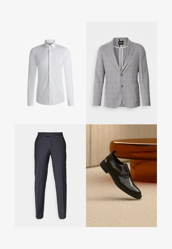 Grå ternet blazer lavet af stof med en subtil struktur. Har en spids krave, to-knaps lukning og forlommer.; Langærmet hvid skjorte lavet af glat stof, med en krave med knapper og en række knapper foran. Enkelt design.; Mørkegrå skræddersyede bukser med et lige ben-design. Har en glat tekstur og frontfolder. Ingen synlige mærker eller udsmykninger.; Sort skinnende læder snøresko flydende over et beige tæppe med et blankt brunt rundt bord i baggrunden.